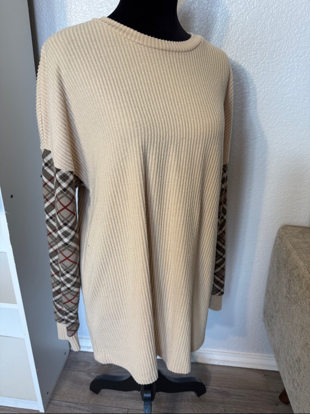 Tunic Sweater with Plaid Sleeve Insets